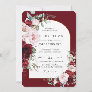 Chic Burgundy Blush Peonies Floral Arch Wedding Invitation