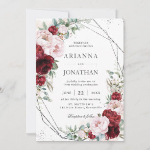 Chic Burgundy Blush Peonies Floral Silver Wedding Invitation