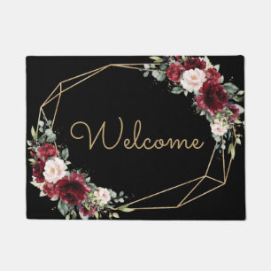 Chic Burgundy Blush Pink Floral Gold Geometric Doormat