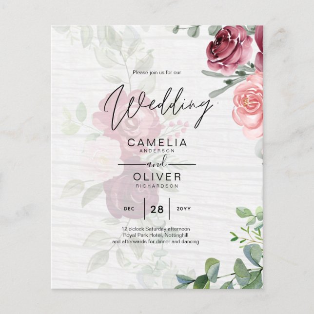 Chic Burgundy Blush Pink Floral Greenery Wedding Flyer (Front)