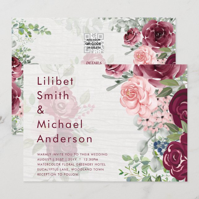 Chic Burgundy Blush Pink Floral Greenery Wedding Invitation (Front/Back)