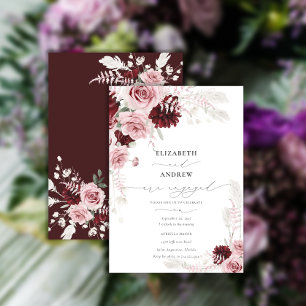 Chic Burgundy Blush Pink Roses Floral Engagement Invitation
