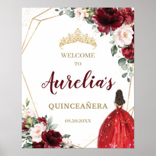 Chic Burgundy Blush Red Floral Quinceañera Welcome Poster