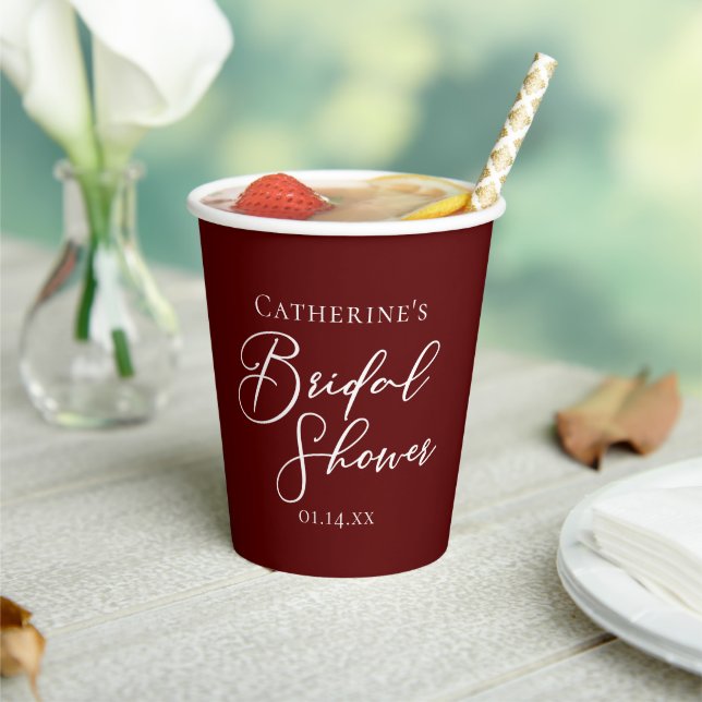 Chic Burgundy Bridal Shower Personalised Paper Cups (Insitu)