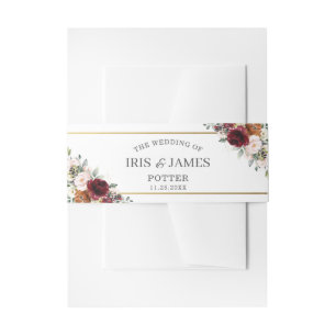Chic Burgundy Burnt Orange Floral Greenery Wedding Invitation Belly Band