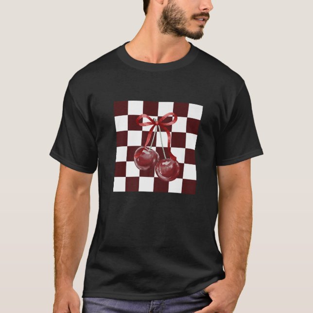 Chic Burgundy Chequered Pattern Coquette Bow Dark  T-Shirt (Front)