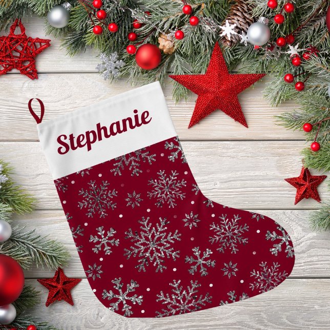 Chic Burgundy Christmas w/ Elegant Snowflakes Large Christmas Stocking (Creator Uploaded)