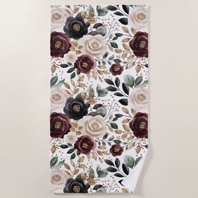 Chic Burgundy Cream Floral   Beach Towel (Front)