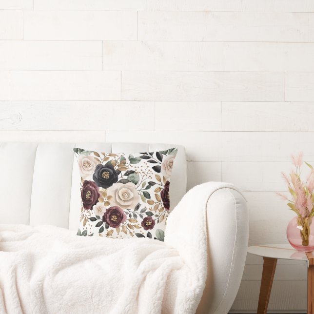 Chic Burgundy Cream Floral   Cushion (Couch)