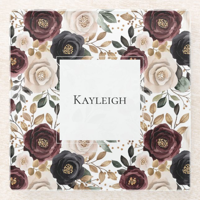 Chic Burgundy Cream Floral   Glass Coaster (Front)