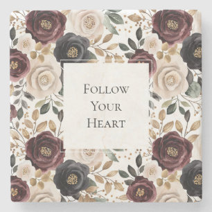 Chic Burgundy Cream Floral   Stone Coaster