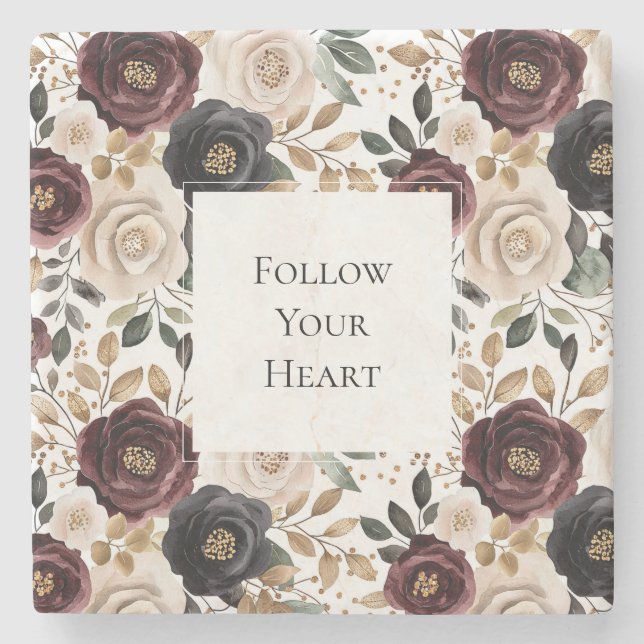 Chic Burgundy Cream Floral   Stone Coaster (Front)