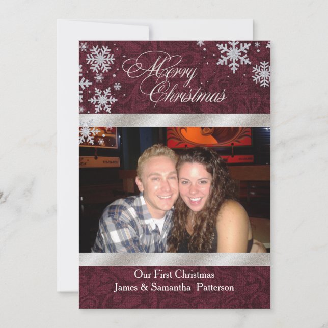 Chic Burgundy First Christmas Photo Card (Front)