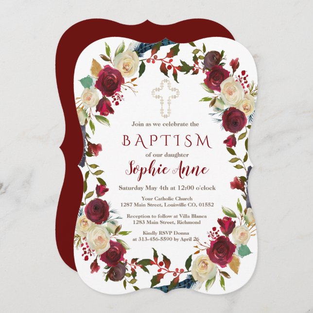 Chic Burgundy Floral Bloom Navy Blue Baptism Invitation (Front/Back)