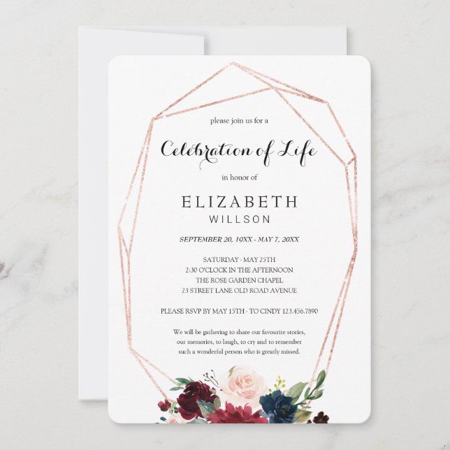 Chic Burgundy Floral Celebration of Life Funeral Invitation (Front)