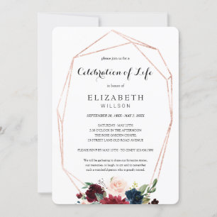 Chic Burgundy Floral Celebration of Life Funeral Invitation