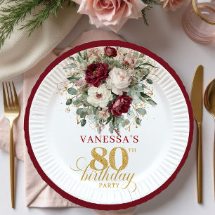 Chic Burgundy Floral Gold 80th Birthday Paper Plate