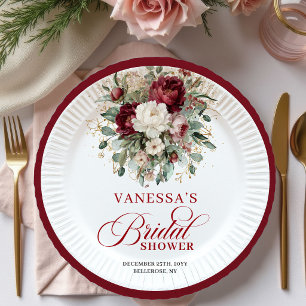 Chic Burgundy Floral Gold Bridal Shower Paper   Plate