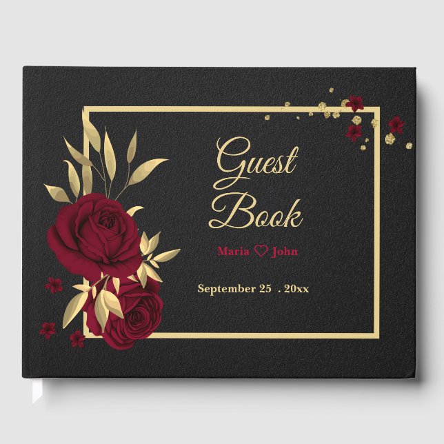chic burgundy floral gold leaves black guest book (Front)