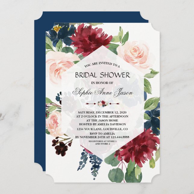 Chic Burgundy Floral Hexagon Frame Bridal Shower Invitation (Front/Back)