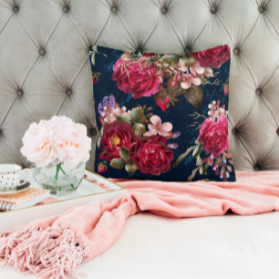 Chic Burgundy Floral On Navy Blue Cushion