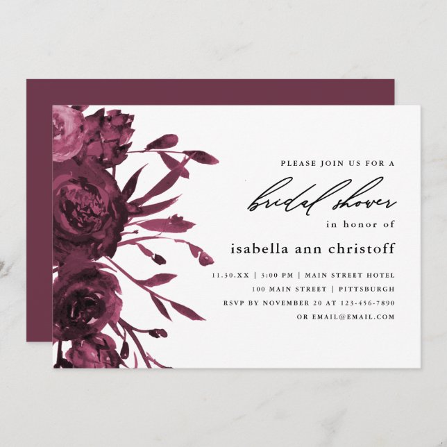 Chic Burgundy Floral Wedding Bridal Shower Invitation (Front/Back)