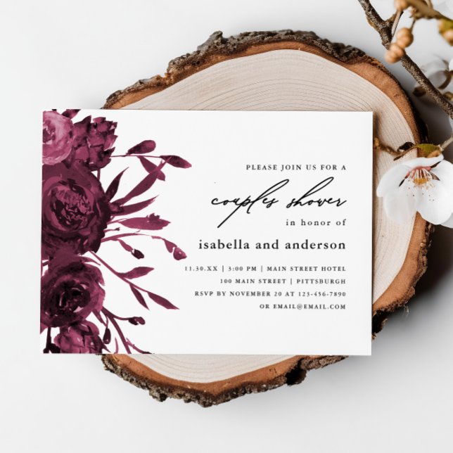 Chic Burgundy Floral Wedding Couples Shower Invitation (Creator Uploaded)