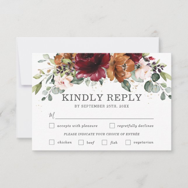 Chic Burgundy Floral Wedding Meal Choice RSVP Card (Front)