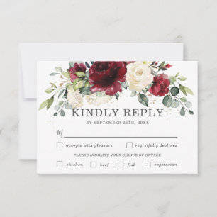 Chic Burgundy Floral Wedding Meal Choice RSVP Card