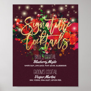Chic Burgundy Floral Wedding Signature Drink Menu Poster