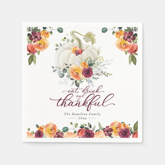 Chic Burgundy Floral White Pumpkin Thanksgiving Napkin (Front)