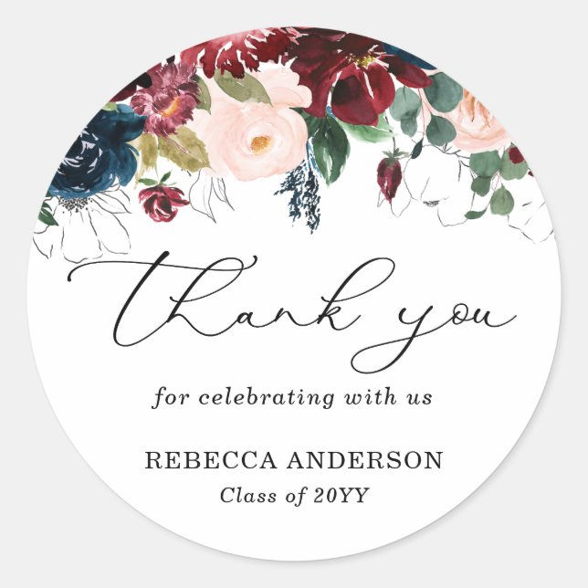 Chic Burgundy Florals Script Thank You Graduation  Classic Round Sticker (Front)