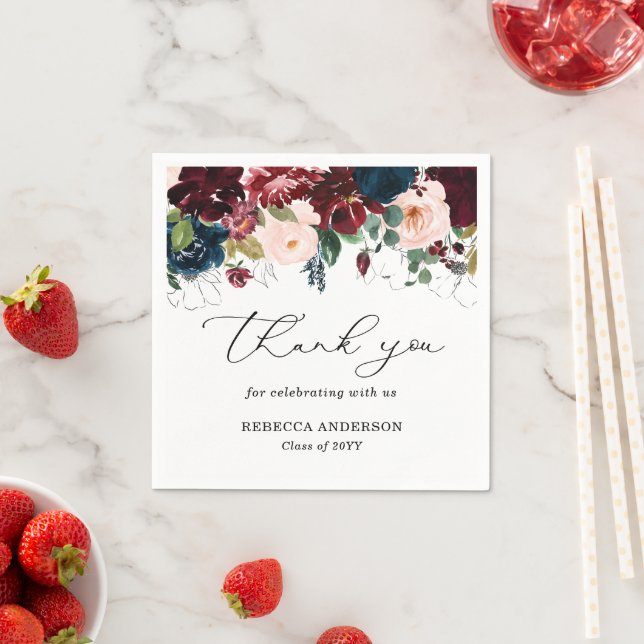 Chic Burgundy Florals Script Thank You Graduation  Napkin (Insitu)
