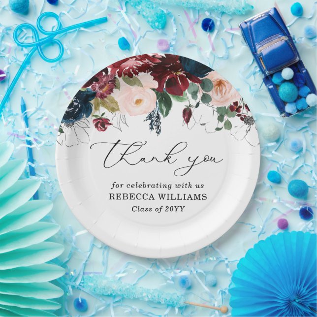Chic Burgundy Florals Script Thank You Graduation  Paper Plate (Party)