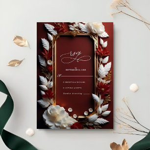 Chic Burgundy Florals with Golden Frame Wedding RSVP Card