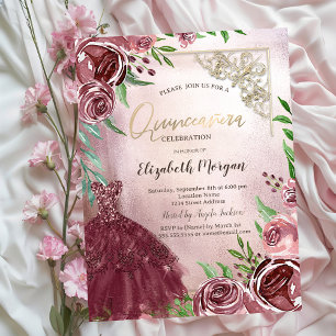 Chic Burgundy Flowers Dress Gold Frame Quinceanera Invitation