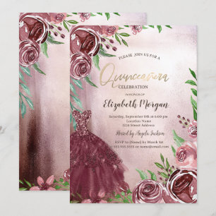 Chic Burgundy Flowers Dress  Quinceanera Invitation