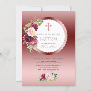 Chic Burgundy Flowers Girl 1st Birthday & Baptism Invitation