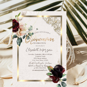 Chic Burgundy Flowers Gold Frame Quinceañera Invitation
