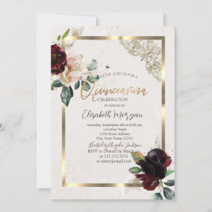 Chic Burgundy Flowers Gold Frame Quinceañera  Invitation