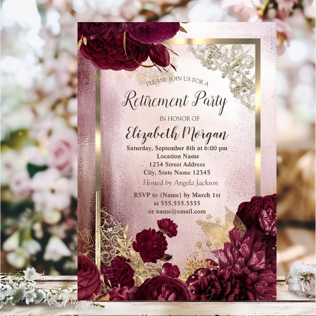 Chic Burgundy Flowers Gold Frame Retirement  Invitation (Creator Uploaded)