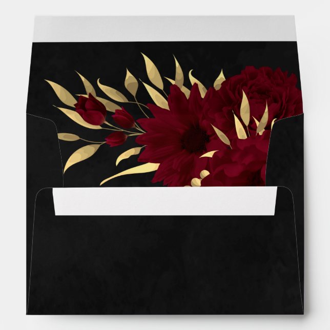 chic burgundy flowers gold leaves botanical envelope (Back (Bottom))