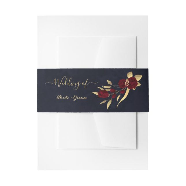 chic burgundy flowers gold leaves navy wedding  invitation belly band (Front Example)