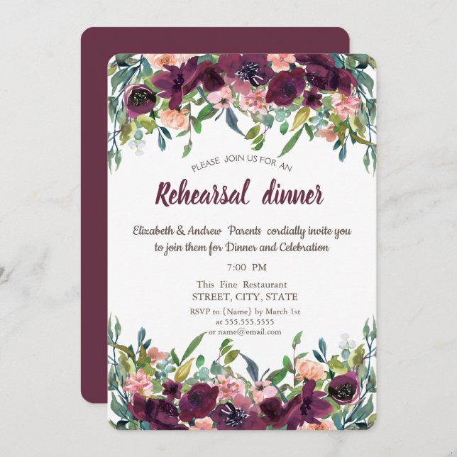 Chic Burgundy Flowers Rehearsal Dinner  Invitation (Front/Back)