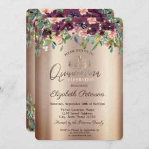 Chic Burgundy Flowers Roses Quinceañera Invitation