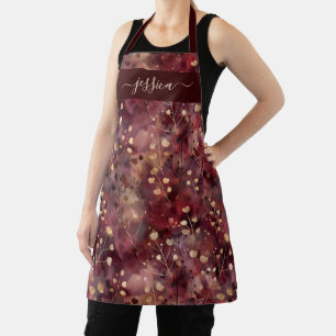 Chic burgundy gold abstract floral name apron
