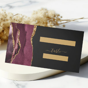 Chic Burgundy Gold Agate Dark Wedding Table Place Card