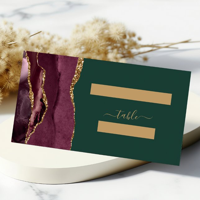 Chic Burgundy Gold Agate Green Wedding Table Place Card (Creator Uploaded)
