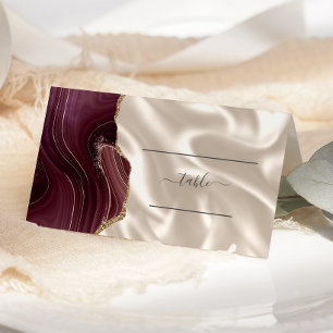 Chic Burgundy Gold Agate Ivory Silk Wedding Table Place Card
