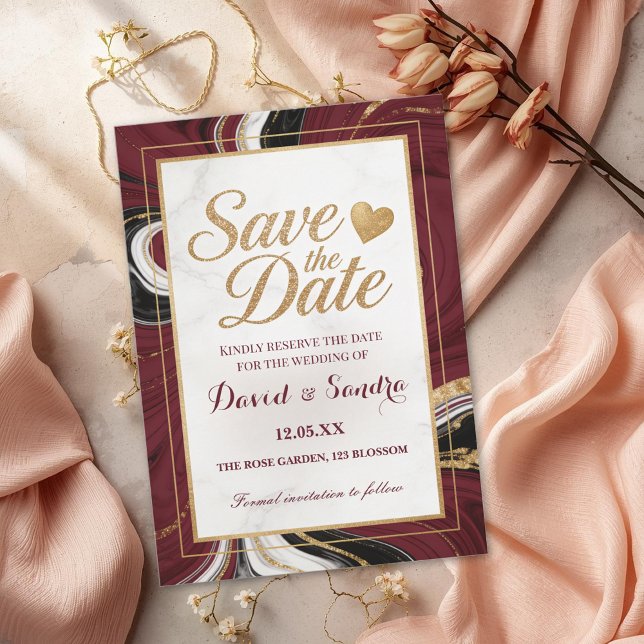 Chic Burgundy Gold Agate Marble Modern Wedding  Save The Date (Creator Uploaded)